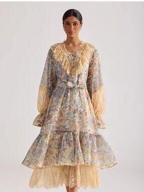 Designer-style Floral Lace Midi Dress in Pastel Blue and Cream